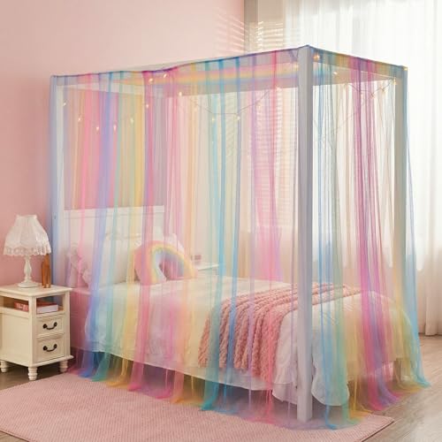 Rainbow Twin Bed Canopy with Light for Girls Kids Room Decor - Romantic Princess Style