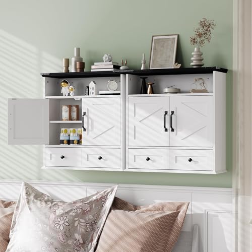 White Wall Mounted Bathroom Cabinet with Double Barn Doors and Removable Drawer - Farmhouse Style