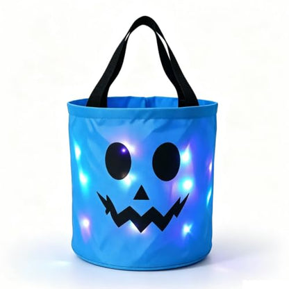 Blue LED Light Up Halloween Pumpkin Candy Bucket 9.45x8.66x3.94 Inch
