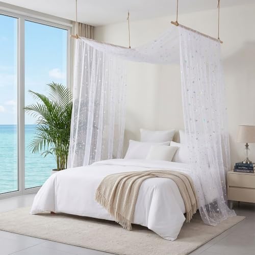 Kids Sheer Canopy Bed Curtains - Sparkly Star Tulle for House, Bunk & Toddler Bed, White, 59x197 Inches