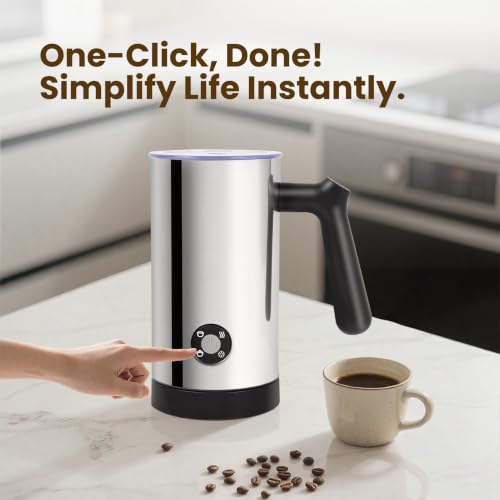 Casimhu 4-in-1 Electric Milk Frother with Light Silver Finish – Hot & Cold Foam, 10.6 oz
