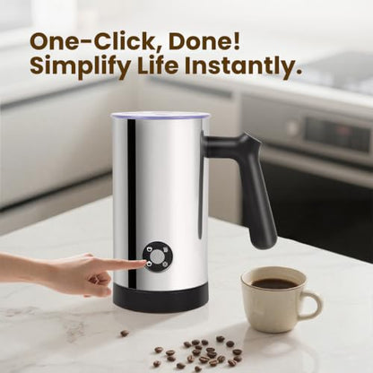 Casimhu 4-in-1 Electric Milk Frother with Light Silver Finish – Hot & Cold Foam, 10.6 oz