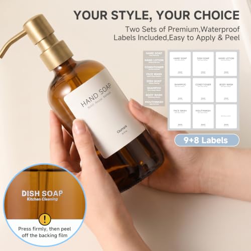 Kitchen Soap Dispenser Set 2 Pack - Amber Glass with Gold Pumps & Accessories