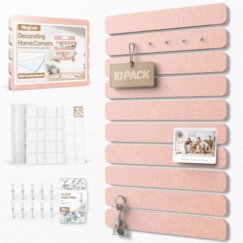 Pink Cork Board Strip 13x2 Inches with Removable Adhesive Squares & Push Pins - 10 Pack