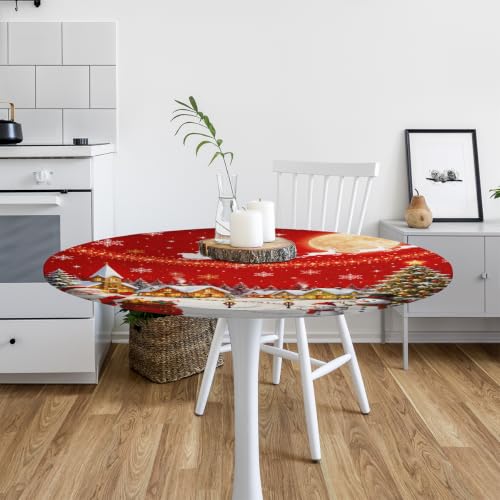 A03 Christmas Round Fitted Tablecloth 42 Inch Xmas Decor Elastic Waterproof