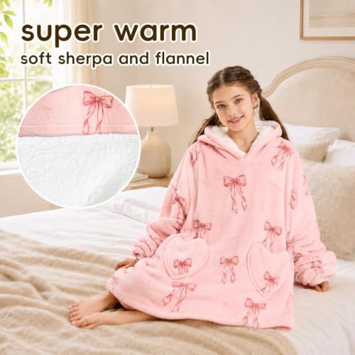 Kids Wearable Blanket Hoodie Pink Bow Oversized Cozy Winter Gift