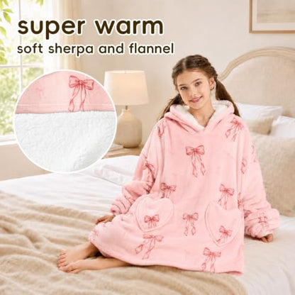 Kids Wearable Blanket Hoodie Pink Bow Oversized Cozy Winter Gift