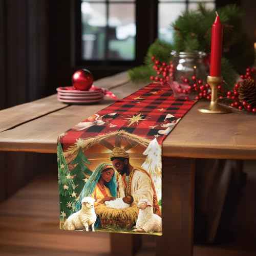 African American Religious Christmas Table Runner Buffalo Plaid Black Jesus Nativity Scene Table Runner for Home Decoration Xmas Winter Holiday Kitchen Decor (13" x 72")