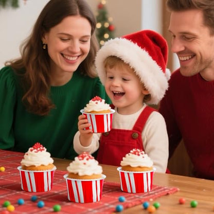 120Pcs Christmas Aluminum Foil Cupcake Liners with Lids - Red & White Holiday Party Bakeware