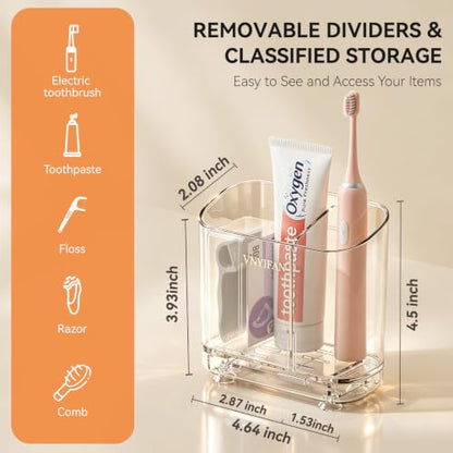 Clear Wall Mounted Electric Toothbrush Holder with 2 Slots & Removable Divider