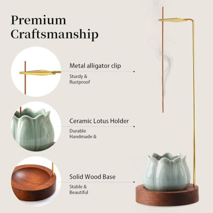 Ceramic Incense Holder with Ash Catcher and Wooden Base - Meditation Decor