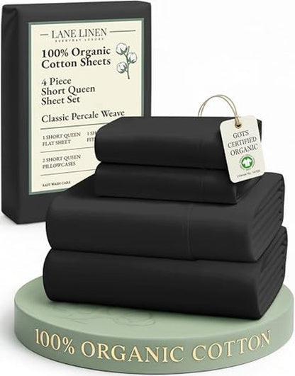 LANE LINEN RV Queen Size Sheet Set, 100% Organic Cotton, 4-Piece Short Queen Sheets, Percale Weave, Cooling, Hotel Quality, Oeko-Tex Certified - Black