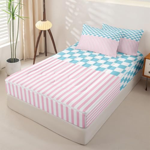 Gingham Striped Comforter Set Pink Blue White Full Size Bedding with Zipper
