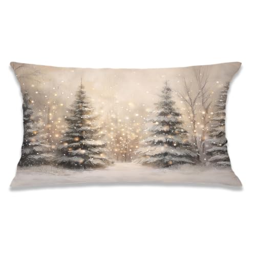 Christmas Tree Winter Scene Pillow Cover 20x12 Rustic Holiday Decor Snowy Forest Lumbar