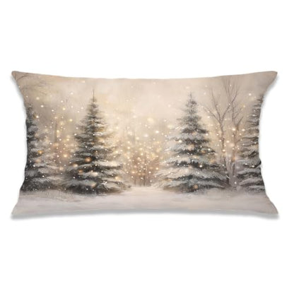 Christmas Tree Winter Scene Pillow Cover 20x12 Rustic Holiday Decor Snowy Forest Lumbar