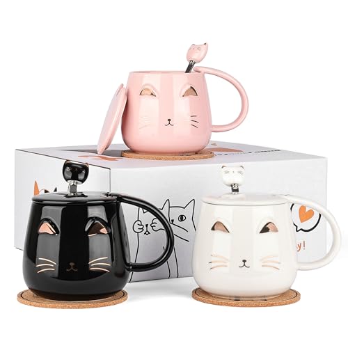 Cat Mug Set of 3 with Lids, Spoons & Coasters - Black, White, Pink
