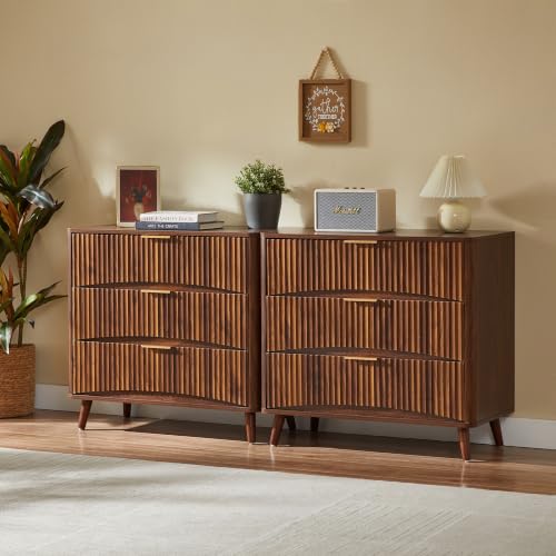 Oversized 31.5W Fluted Nightstand with 3 Drawers in Walnut