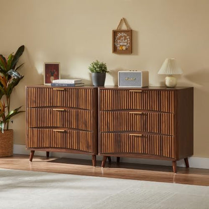 Oversized 31.5W Fluted Nightstand with 3 Drawers in Walnut