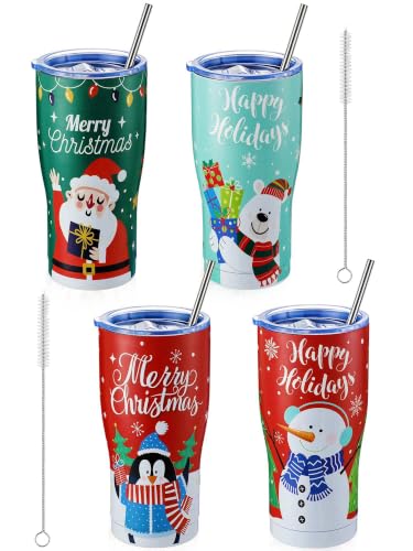 Penguin Christmas Tumblers Set - 20oz Insulated Travel Mugs with Lids & Straws