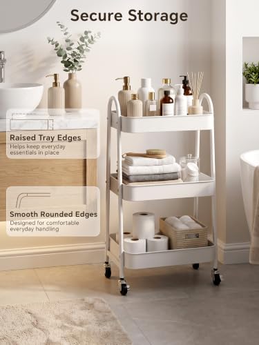 Booklov White Rolling Makeup Cart Organizer, 3-Tier Utility Storage