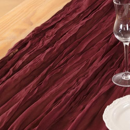 Burgundy Cheesecloth Table Runners 4 Pack - Rustic Boho Holiday Decor