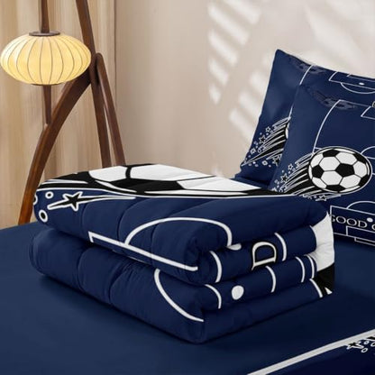 Soccer Comforter Set with Zippered Bed Cover, Fitted Sheet & Pillowcases - Navy Blue, Black & White, Full Size