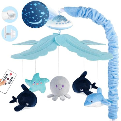 Baby Crib Mobile with Music Lights & Remote Control for Nursery, Rotation & Starlight Projection