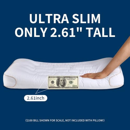 White King Size Flat Pillow Set of 2 - Ultra Thin Support for Back & Stomach Sleepers