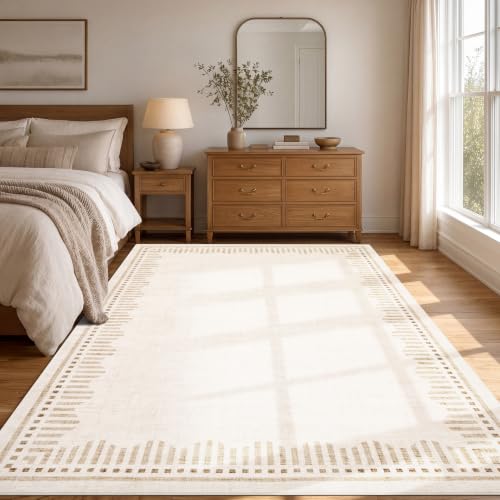 Large 5x7 Washable Area Rug - Non-Slip Beige Scalloped Border