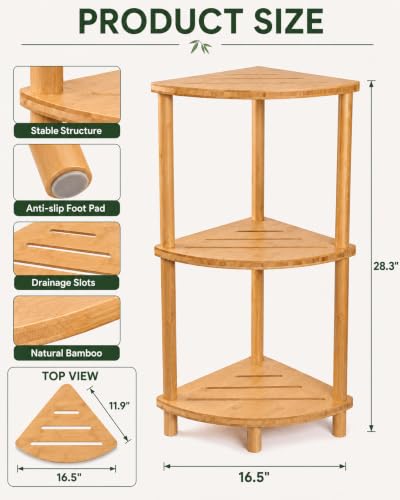 Vaelyss 3-Tier Bamboo Corner Shower Stool with Storage, Space-Saving Bathroom Organizer
