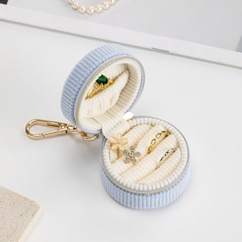 Blue Ring Box & Jewelry Organizer with Keychain - Mini Velvet Travel Case