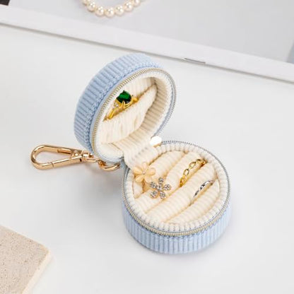 Blue Ring Box & Jewelry Organizer with Keychain - Mini Velvet Travel Case