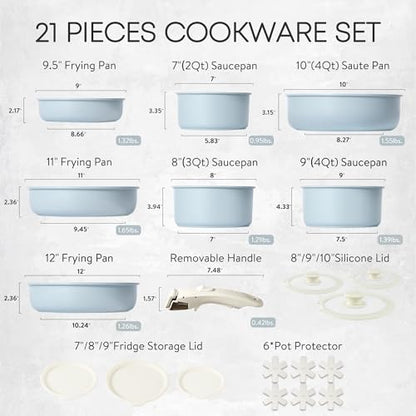 CAROTE 21pcs Detachable Handle, Pots and Pans Set, Nonstick Cookware Set Induction Kitchen Cookware Sets Non Stick with Removable Handle, RV Cookware Set, Oven Safe Cookware Set, Blue