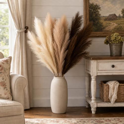 Artificial Pampas Grass Set 45 Inch Tall | Dark Brown & Beige 9 Pieces - Elegant Faux Decor