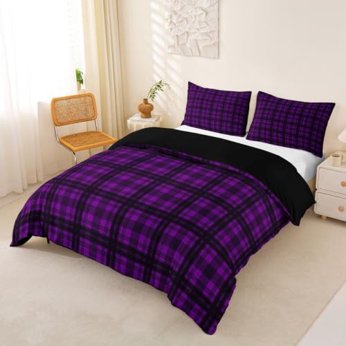 Purple Buffalo Plaid Duvet Cover Set Queen Size Vintage Geometric Bedding with Pillowcases - Black & Purple