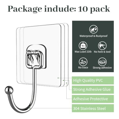 Heavy Duty Adhesive Hooks 33lb Capacity No Drill Wall Mount 10 Pack