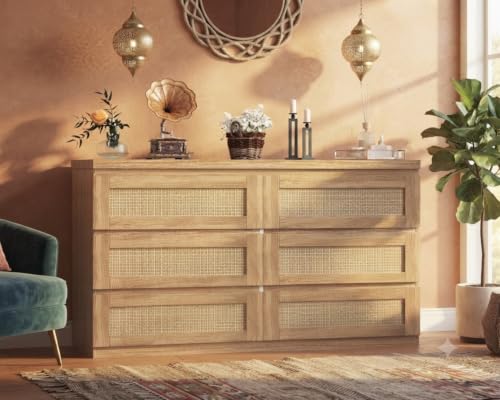 Oak Rattan 6-Drawer Dresser - Slim Freestanding Chest of Drawers