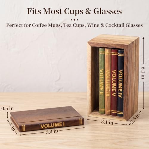 Acacia Wood Drink Coasters with Holder - Set of 5 for Coffee Table & Bar Decor
