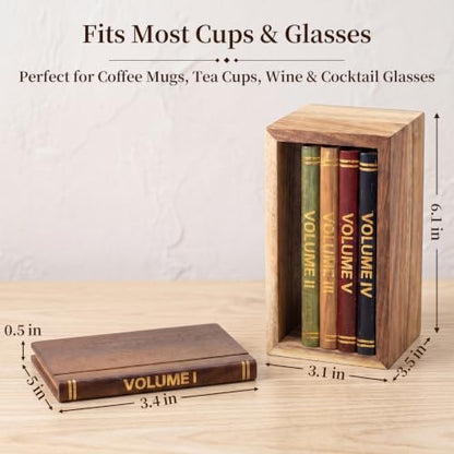 Acacia Wood Drink Coasters with Holder - Set of 5 for Coffee Table & Bar Decor