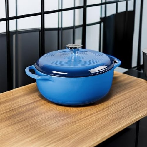 Lodge Enameled Cast Iron Dutch Oven | 4.5 Quart with Lid & Dual Handles - Oven Safe to 500°F - Caribbean Blue
