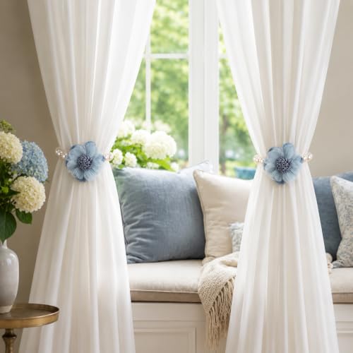 Magnetic Pearl Flower Curtain Tiebacks - Decorative Room Holdbacks, Set of 2