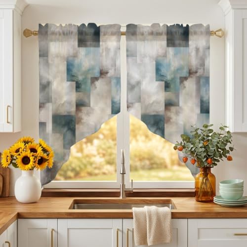 Slate Gray Geometric Swag Curtains 36 Inch Length 2 Panels Set - Semi-Sheer Window Drapes for Kitchen Living Room Bedroom