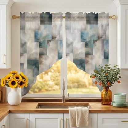 Slate Gray Geometric Swag Curtains 36 Inch Length 2 Panels Set - Semi-Sheer Window Drapes for Kitchen Living Room Bedroom