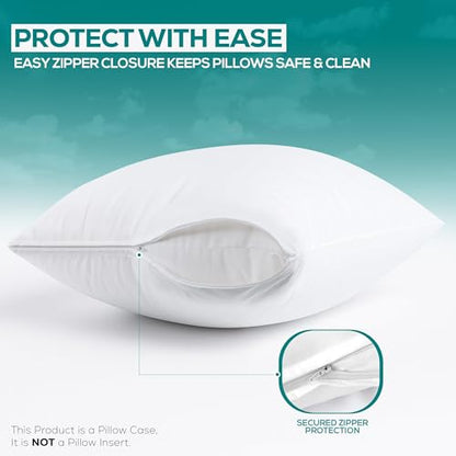 Set of 2 Pillow Protectors with Zipper Standard Size, Bed Bug and Dust Mite Proof Pillow Covers, Ultra Soft Pillow Encasements, Moisture Wicking and Waterproof Pillow Cases by Utopia Bedding (White)