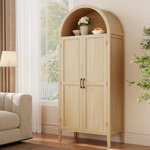 Tall Kitchen Pantry Cabinet with Arched Top and 2 Pull-Out Shelves - Oak