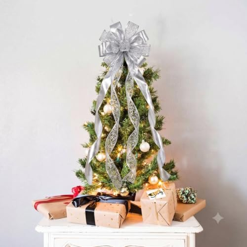 Christmas Tree Topper Bow 45x13 Inches Glitter Silver Decoration - Style1