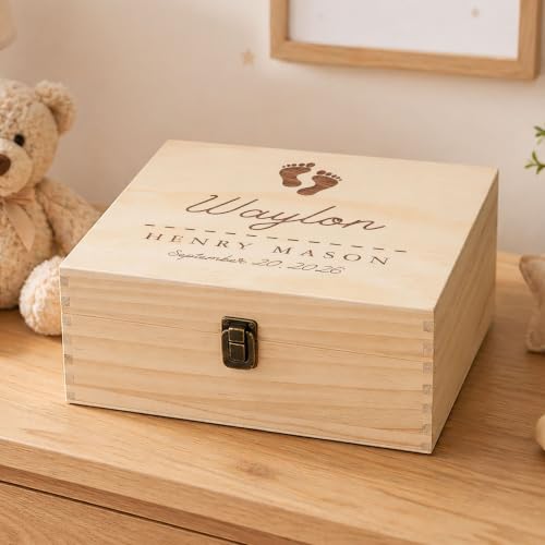 Personalized Baby Keepsake Box with Name and Birth Date - Wooden Memory Chest for Newborns