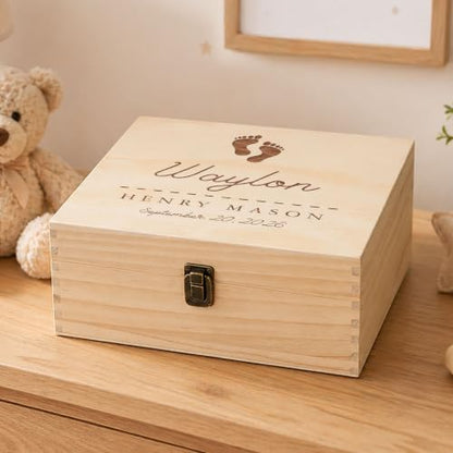 Personalized Baby Keepsake Box with Name and Birth Date - Wooden Memory Chest for Newborns
