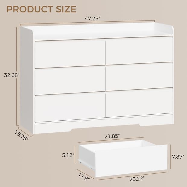 White Dresser with 6 Drawers - Modern 6-Drawer Bedroom Chest | Anti-Tip, MDF