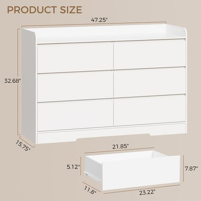 White Dresser with 6 Drawers - Modern 6-Drawer Bedroom Chest | Anti-Tip, MDF